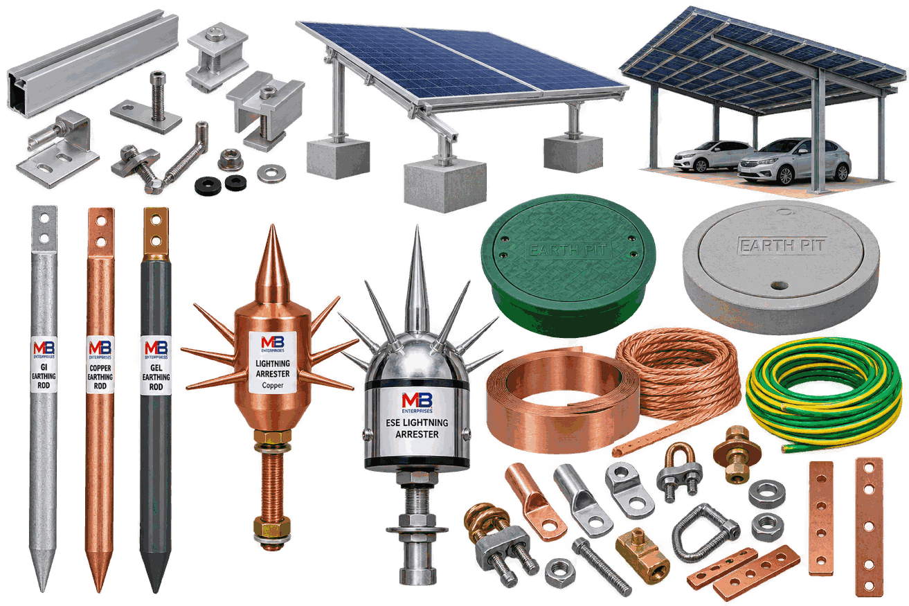 Full range of MB Enterprises earthing electrodes, backfill compound, pit covers and solar mounting structures